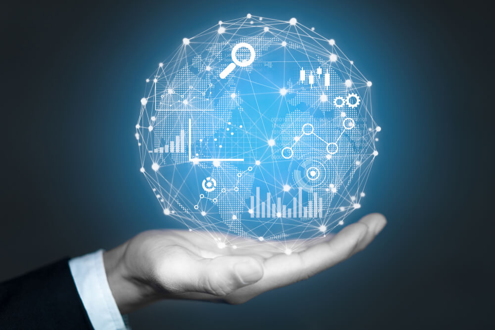profissional de análise e globo com gráficos e símbolos sobre analise 