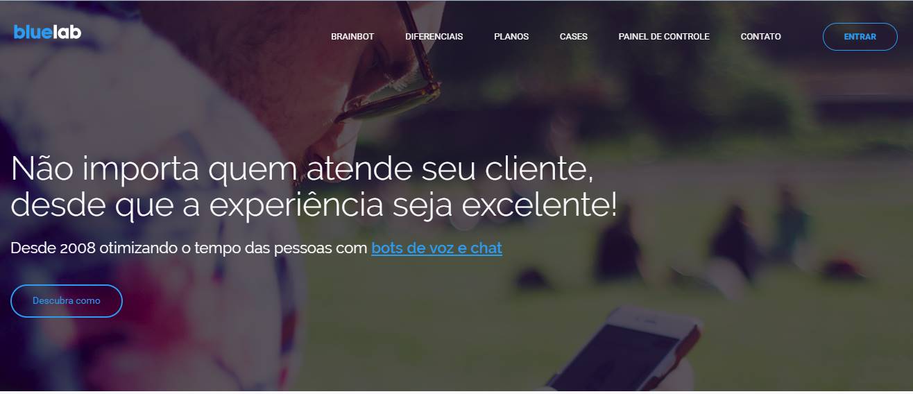 tela inicial do site bluelab para criação de chatbots para facebook